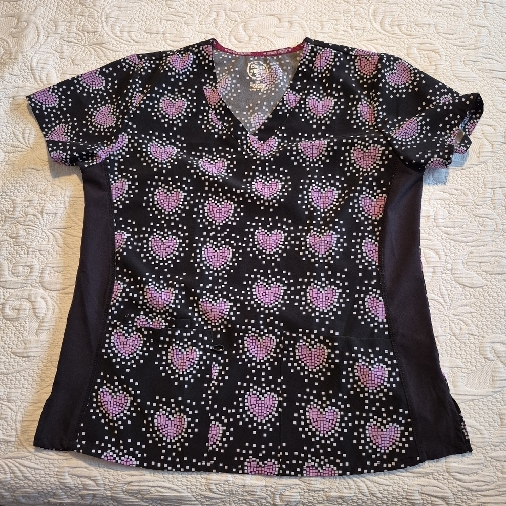 JDM Womens Large black with purple and white heart design stretch fabric